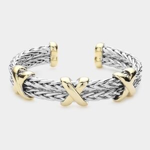 Two Tone Criss Cross Triple Twist Rope Cable Cuff Bracelet Bangle Metal Silver